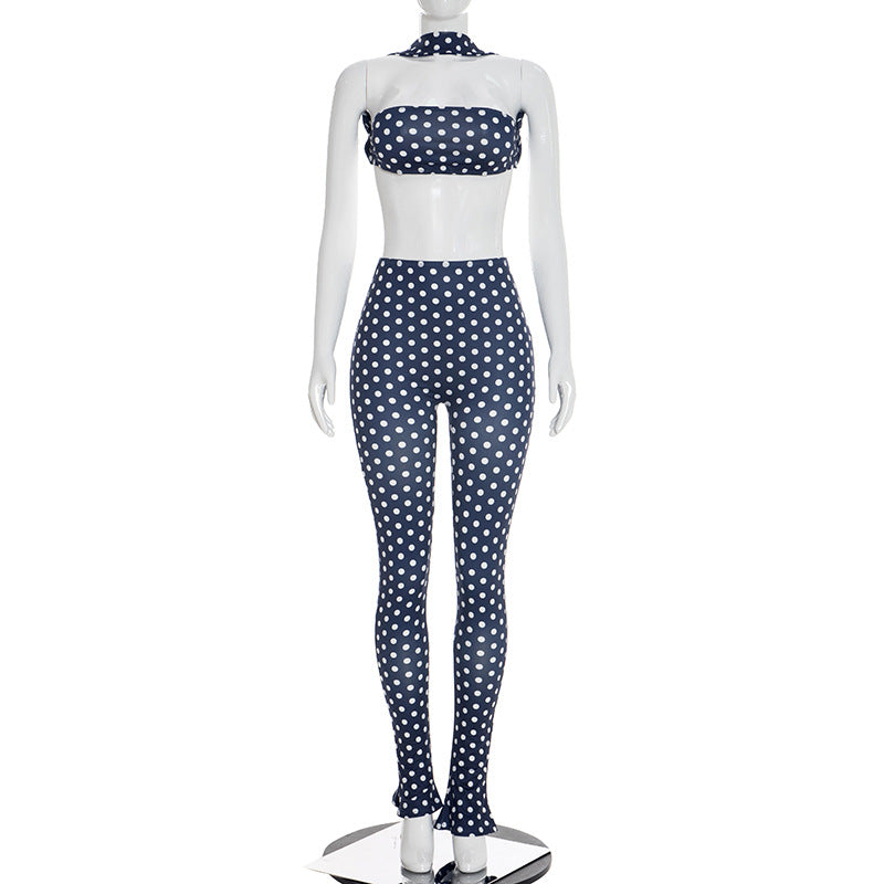 DZHT D25ST573 polka dot print halterneck vest backless top tight trousers two-piece suit