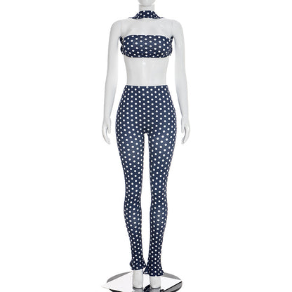 DZHT D25ST573 polka dot print halterneck vest backless top tight trousers two-piece suit
