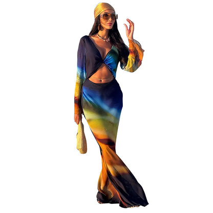 DZHT D26DS030 printed mesh long sleeve bare back lace-up long dress