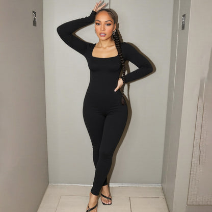 SXR autumn and winter U-collar backless lace up long-sleeved solid color hip-lifting jumpsuit