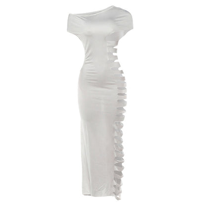 DLS Spring shoulder collar sleeveless side hollow sexy sheath dress
