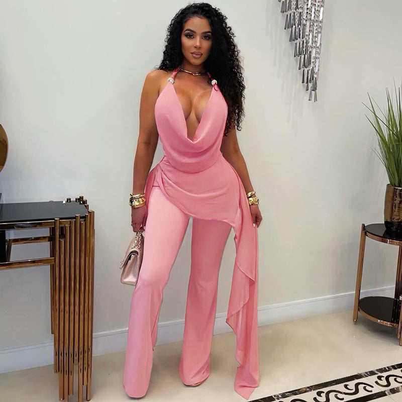 DZHT D26JP193 fake two-piece chiffon stitching halter strap ribbon one-piece trousers