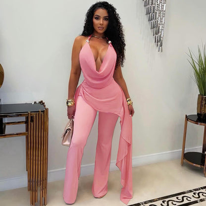 DZHT D26JP193 fake two-piece chiffon stitching halter strap ribbon one-piece trousers
