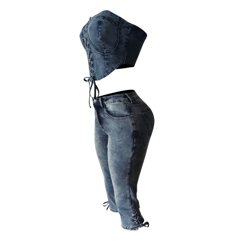 MZ (S-2XL) tube top lace-up cropped pants MZ88639 stretch lace-up denim suit