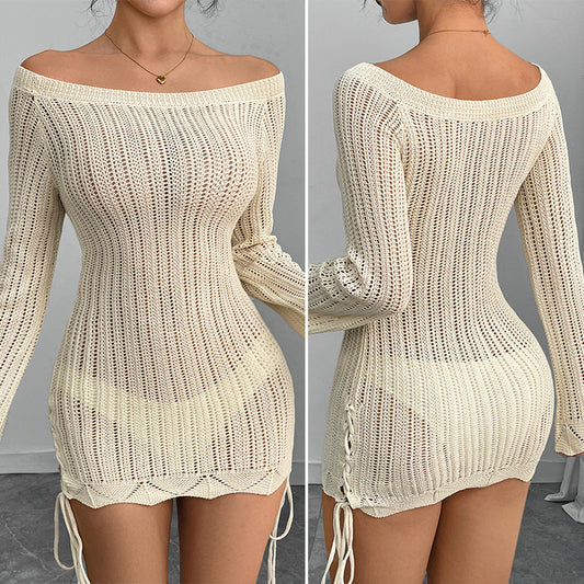 CYB off-shoulder knitted dress long sleeve hip skirt drawstring blouse