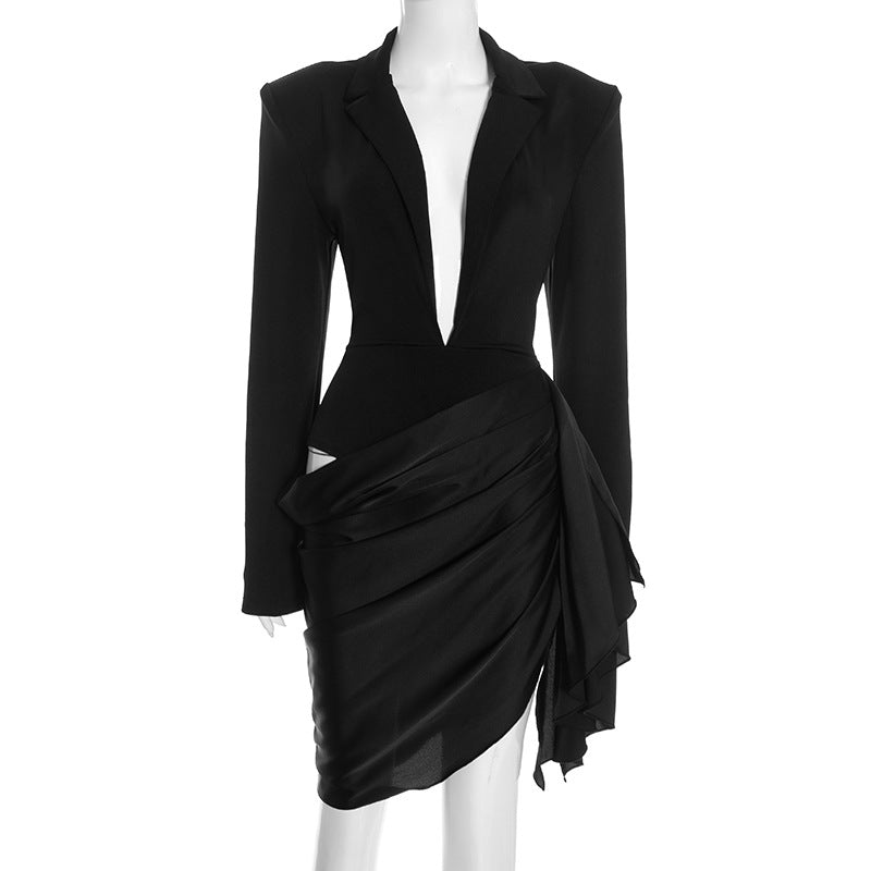 DZHT Q25DS432 deep V-neck pleated long sleeve waist suit skirt