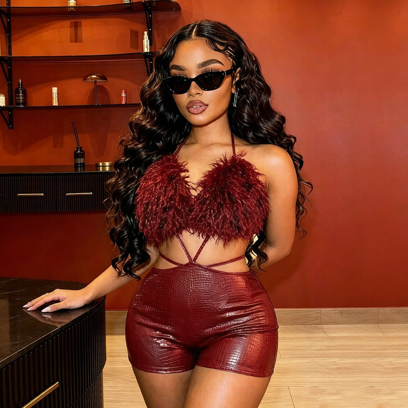 DZHT J26RP306 backless hollow-out furry stitching halter lace-up one-piece shorts