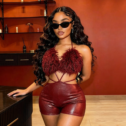 DZHT J26RP306 backless hollow-out furry stitching halter lace-up one-piece shorts