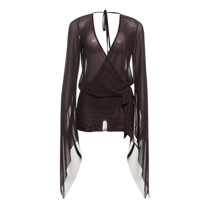 SXR spring deep V see-through backless lace up solid color sheath short skirt