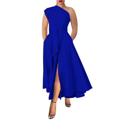 MYF (S-2XL) summer sleeveless diagonal collar waist-controlled large hem dress