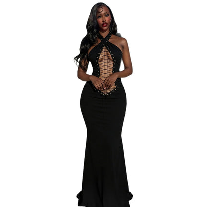 DLS 2026 spring halter cross strap sexy backless waist trimming sheath dress