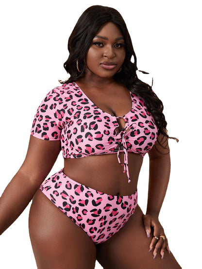 LF (L-4XL) women's split color printing swimsuit plus size