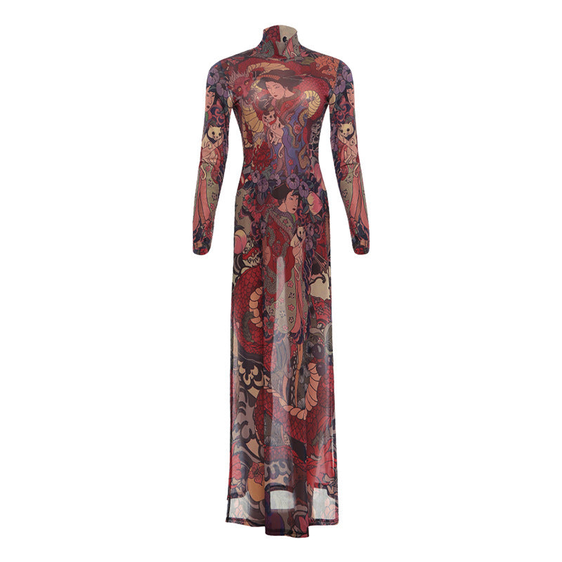DLS Spring crew neck personality printed waist-controlled slim and tall looking split long top