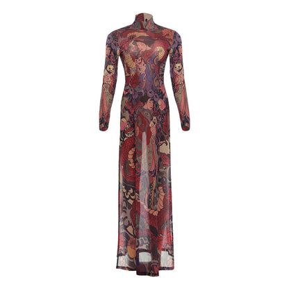 DLS Spring crew neck personality printed waist-controlled slim and tall looking split long top