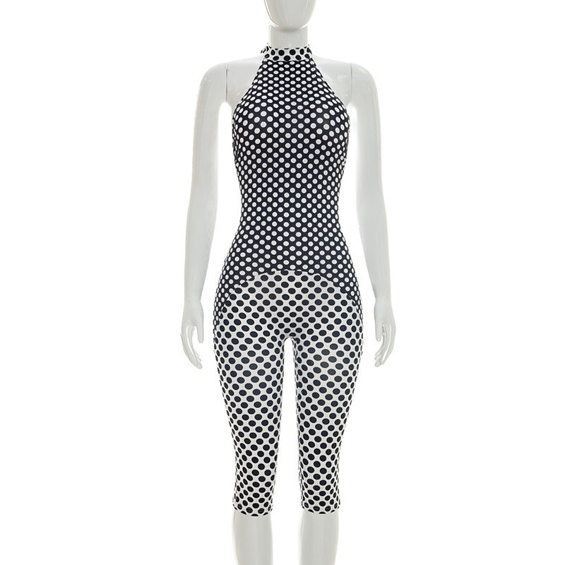 DZHT J26JP163 polka dot print halter lace-up bare back tight one-piece cropped pants