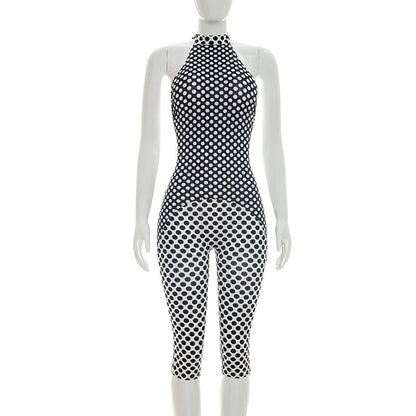 DZHT J26JP163 polka dot print halter lace-up bare back tight one-piece cropped pants