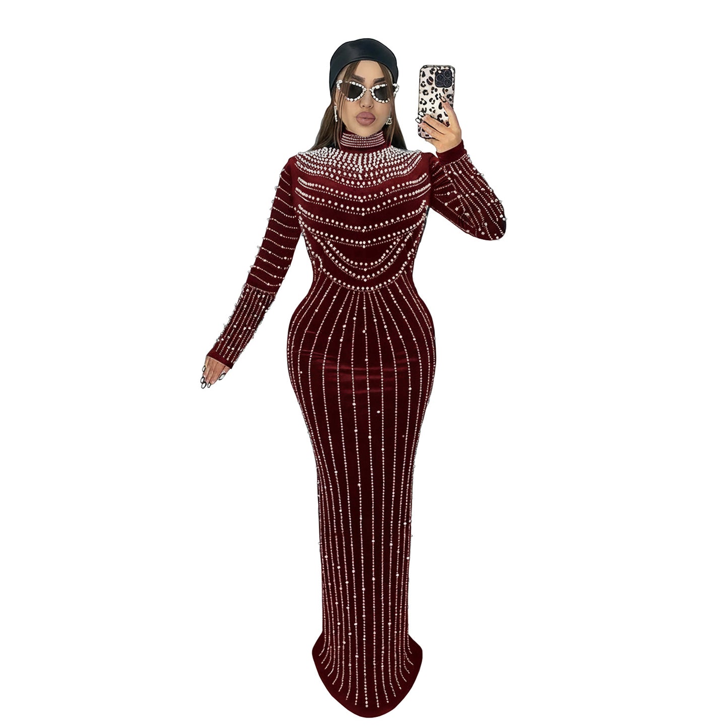 XYZ C7617 elegant velvet rhinestone long sleeve dress
