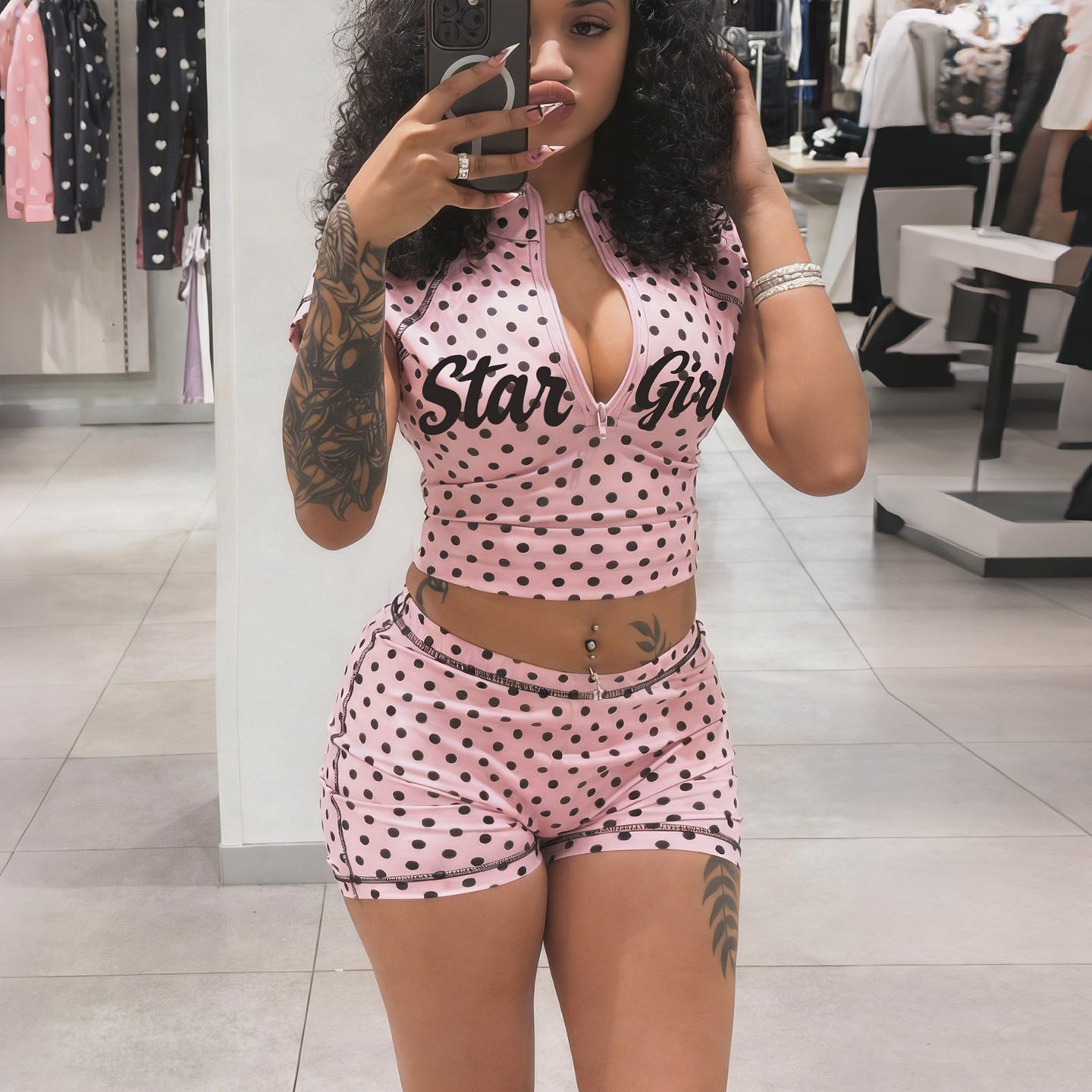 DLS summer polka dot print half collar zipper short top low waisted shorts suit