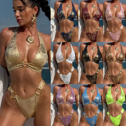 Solid color back cross lace-up bikini set LG454