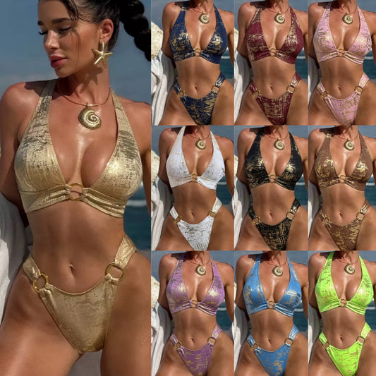 Solid color back cross lace-up bikini set LG454