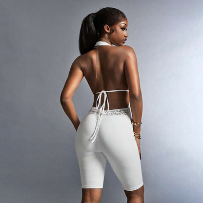 DZHT J26JP216 halter backless lace-up deep V-neck waist stitching lace five-point jumpsuit