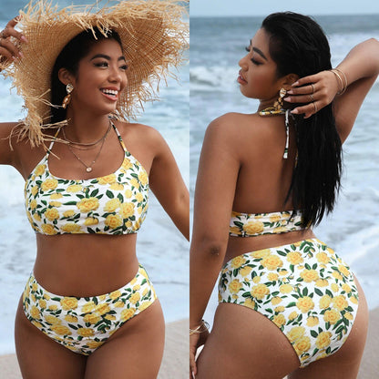 LF (L-4XL) women's split color printing swimsuit plus size