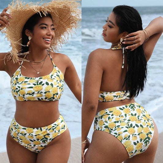LF (L-4XL) women's split color printing swimsuit plus size