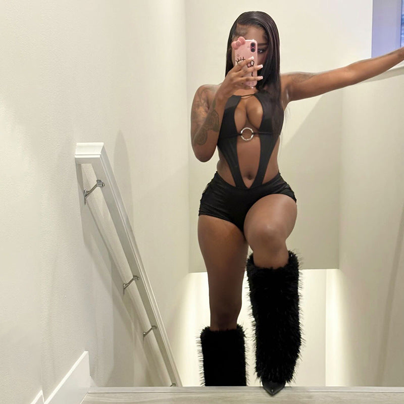 SXR Spring 2026 hollow-out sexy backless lace up sheath shorts halter jumpsuit