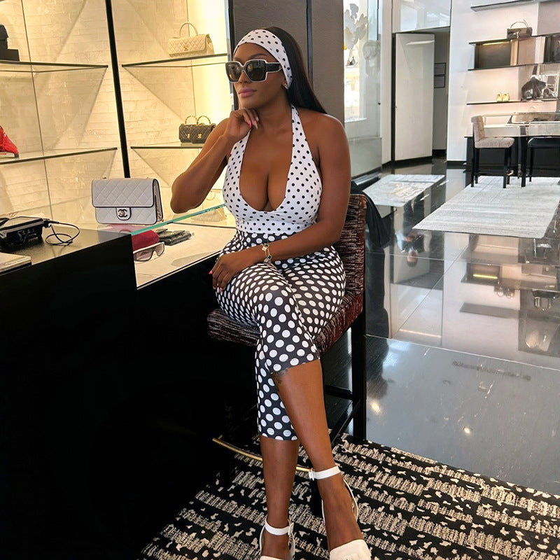 DZHT J26JP055 minimalist creative tight black and white polka dot jumpsuit