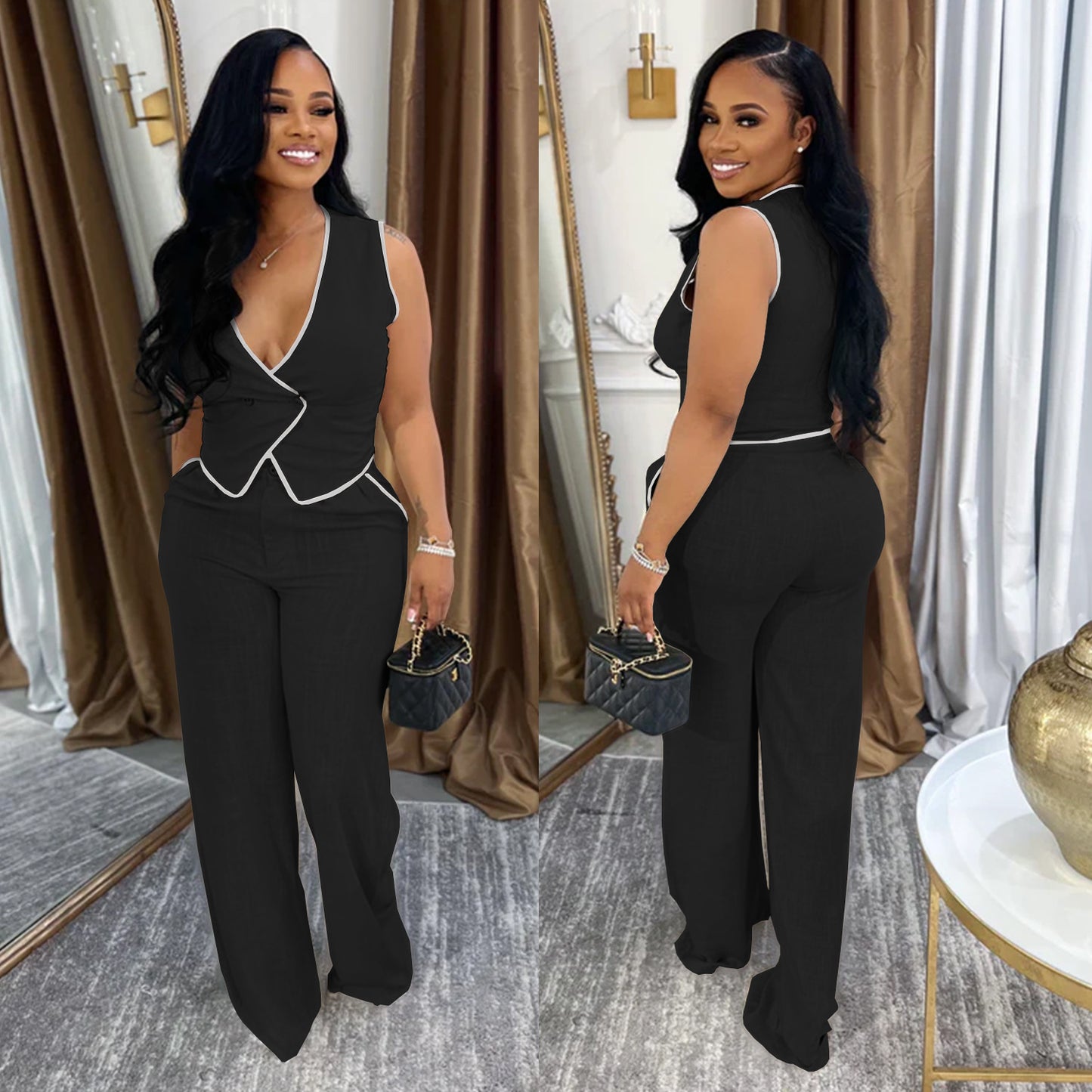XYZ C7402 casual V-neck button top trousers two-piece set