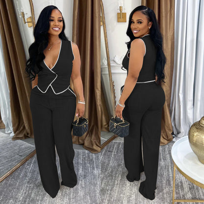XYZ C7402 casual V-neck button top trousers two-piece set