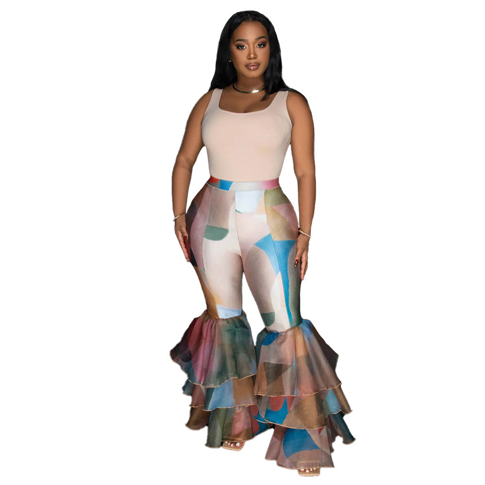 MYF (S-2XL) K10744 tie-dyed printed bell-bottom pants ruffled women's pants