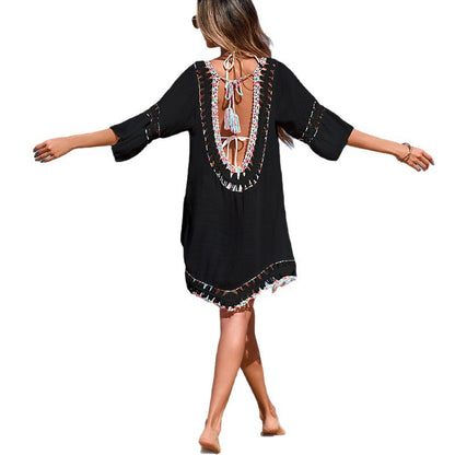 CYB color V-neck hand crocheting stitching irregular skirt mid-length sleeve backless lace up blouse