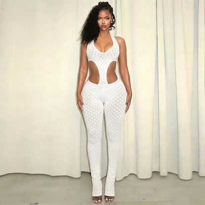 DZHT J26JP067 see-through slim-fit slimming knitted deep V jumpsuit