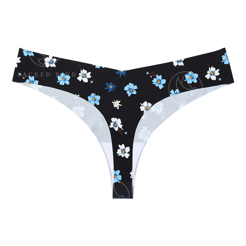 T-shaped panties low waist plus size breathable purified cotton crotch underwear seamless Ice Silk quick-drying leopard print T-back sheath