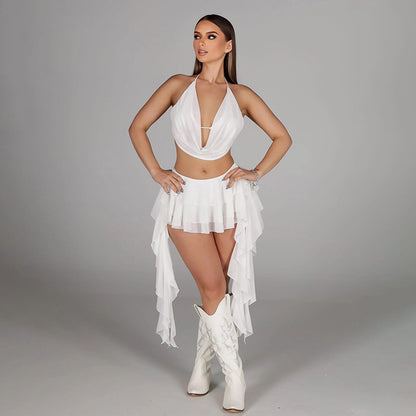 DZHT D26ST055 mesh halter swing collar tied top fake two-piece ruffled pantskirt two-piece suit