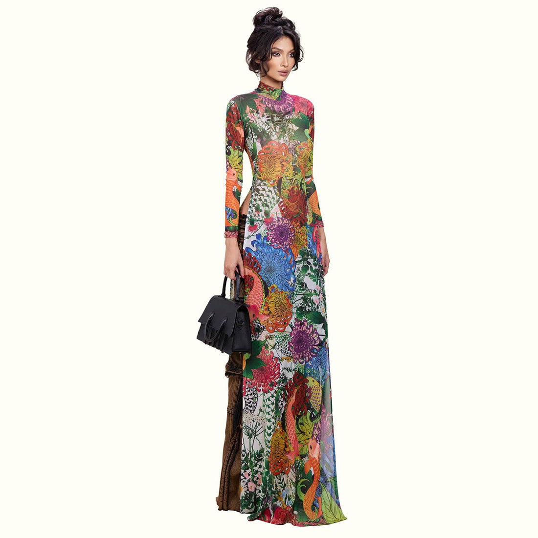 DLS Spring personalized plant print long sleeve half turtleneck high slit long shirt