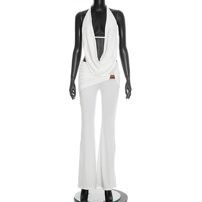 DZHT D25ST556 halter swing collar backless rope top metal buckle bootcut pants two-piece suit