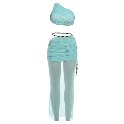 SXR K6S08523A summer cropped diagonal collar vest pleated dress suit