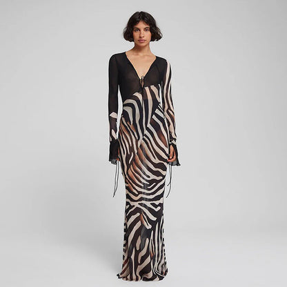 SXR summer fashion color contrast printed V-neck mesh long sleeve dress