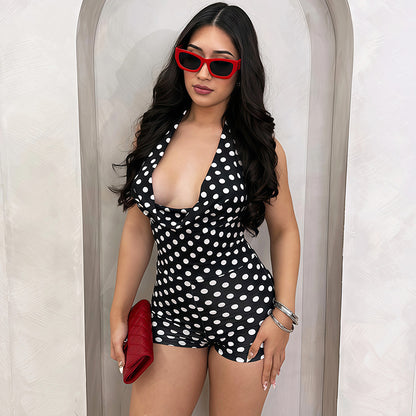 SXR K6Q08488A polka dot halter backless slim-fit sheath jumpsuit