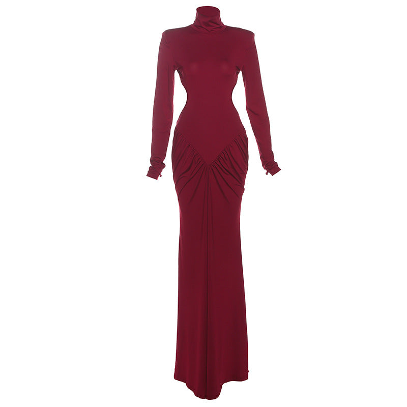 SXR summer turtleneck backless solid color long dress