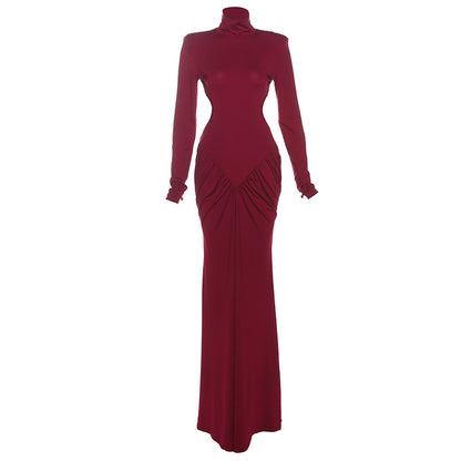 SXR summer turtleneck backless solid color long dress