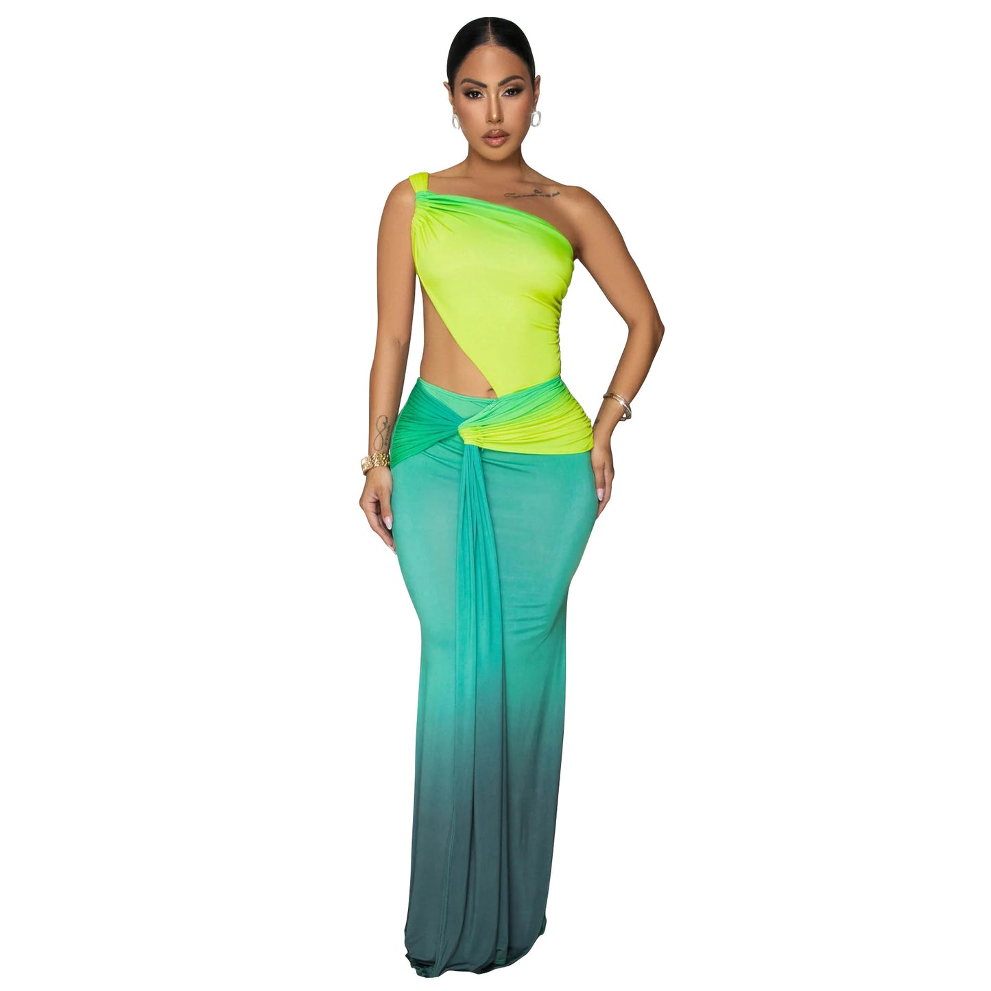 MYF (S-2XL) 10877 midriff outfit gradient dress one-shoulder dress summer