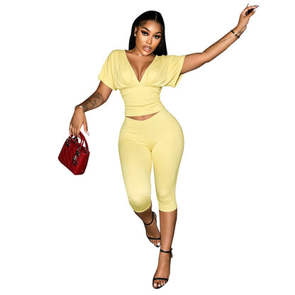 DZHT J26ST224V collar pleated half sleeve top tight cropped pants two-piece suit