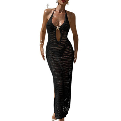 CYB V-neck fitted waist backless knitted dress halter strap XINGX metal side slit hip skirt
