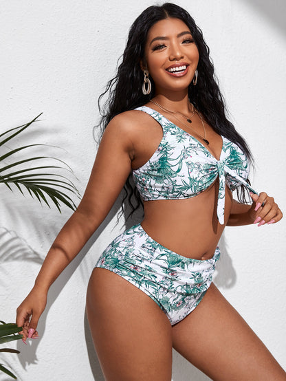 LF (L-4XL) women's split color printing swimsuit plus size