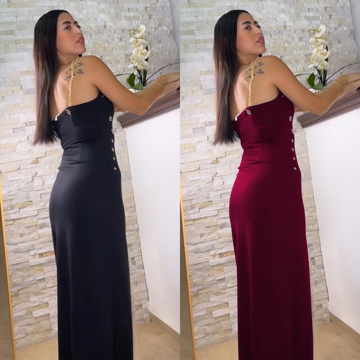 XYZ C7522 elegant gold necklace sleeveless split dress