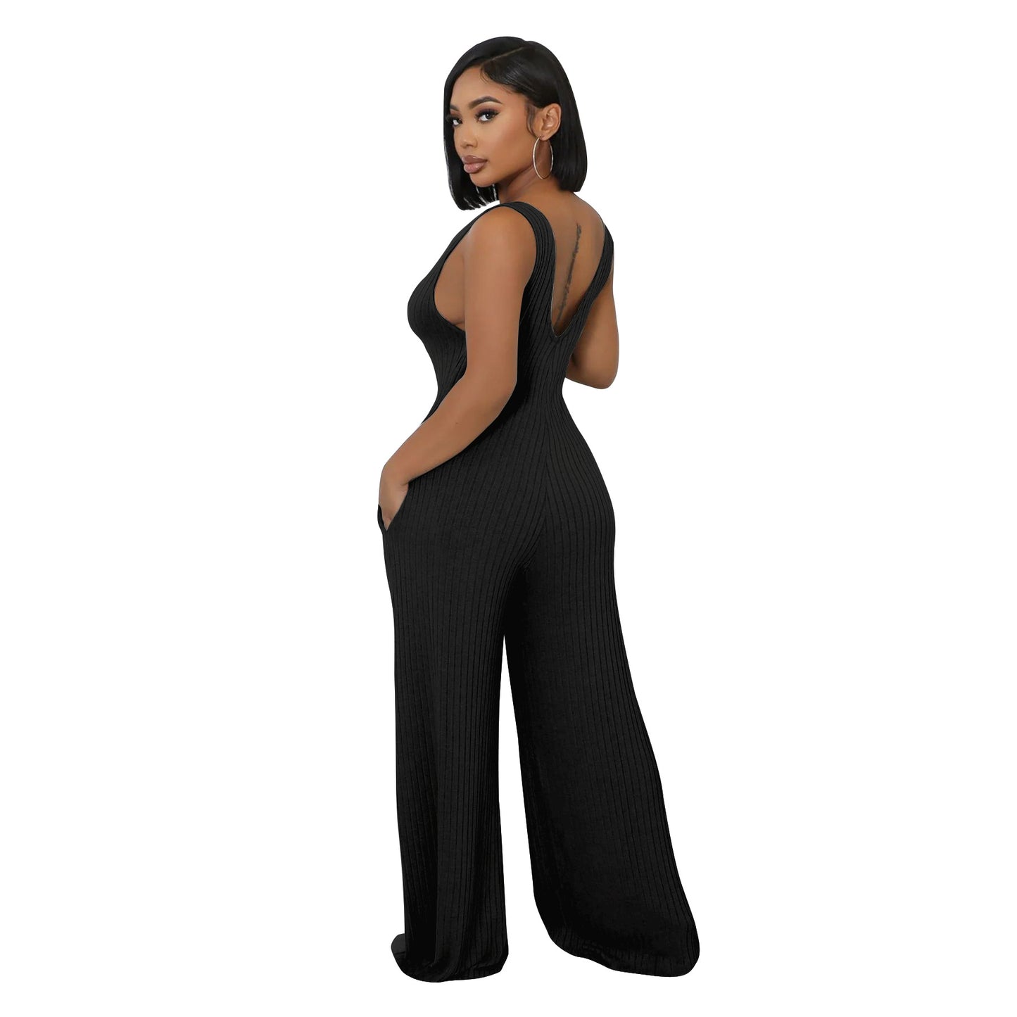 MYF (S-2XL) K10794 high elastic sunken stripe long sleeve vest jumpsuit