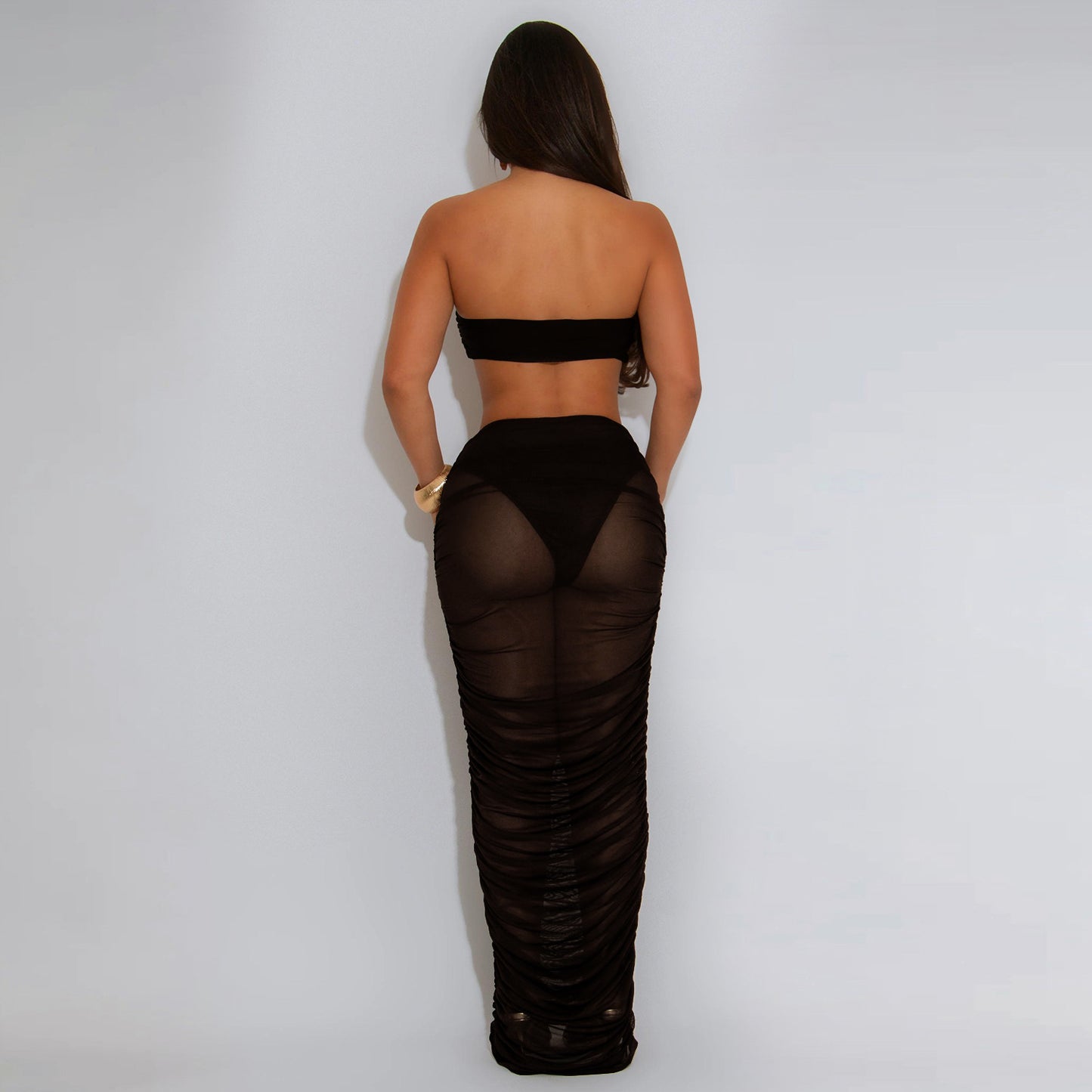 XYZ C7529 tube top see-through mesh long dress two-piece set